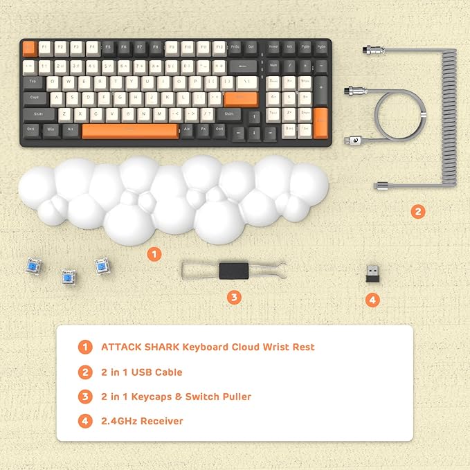 ATTACK SHARK Wireless Mechanical Keyboard 2.4G/USB-C/Bluetooth Hot Swappable 96% 100 Keys 4000mAh RGB Wrist Rest Clicky Blue Switches for PC Mac iPad