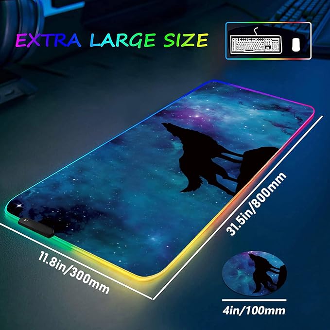 RGB Gaming Mouse Pad and Coffee Coaster XXL Large Glowing LED Mousepad Anti-Slip Rubber Base Computer Keyboard Desk Mouse Mat 31.5 X 11.8 Inch - Blue Galaxy Nebula Wolf
