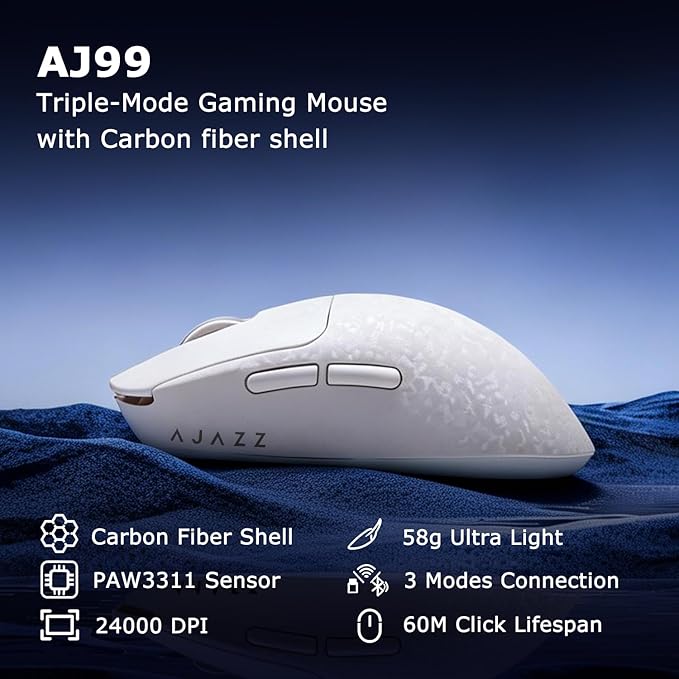Ajazz AJ199 Wireless Gaming Mouse Carbon Fiber Shell Tri-Mode 2.4G/Bluetooth/USB-C 58g Ultra-Lightweight PAW3311 Sensor up to 24000 DPI 500mAh Battery for PC/Mac/Game/Travel White