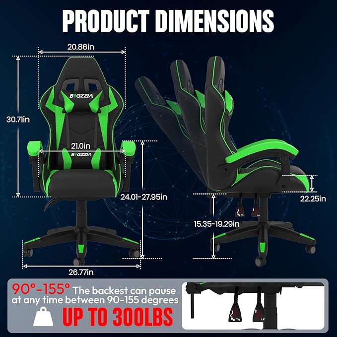 Bigzzia Gaming Chair with Heated Cushion Ergonomic Video Game Chairs with Pillow and Lumbar Support Racing Style Height Adjustable Computer Chair with 360°-Swivel Seat for Adults (Green)
