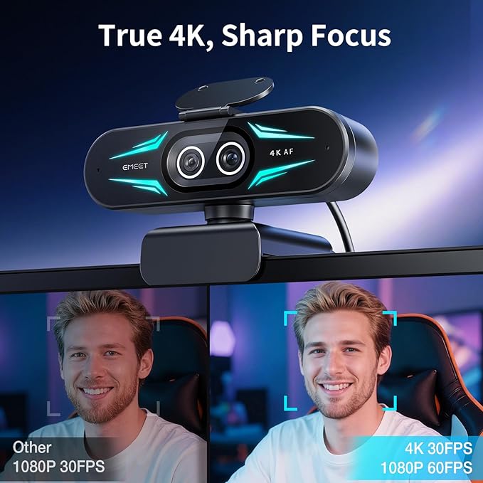EMEET C60E Dual-Camera 4K Webcam for Streaming Wide-Angle and Telephoto Cameras Max 11X Hybrid Zoom &amp PDAF Autofocus Remote Control RGB Lighting 2 Mics Ideal for Livestreaming and Online Mee