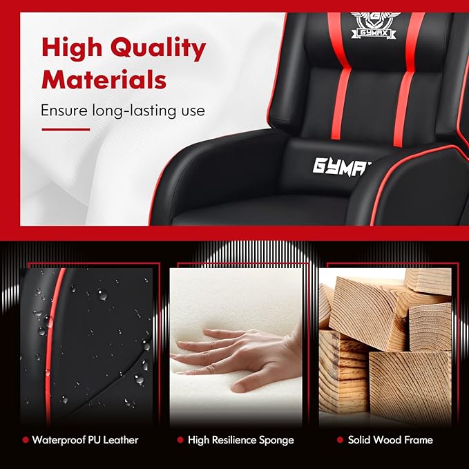GYMAX Gaming Recliner Massage Gaming Chair with Adjustable Footrest Remote Control &amp Side Pocket Ergonomic Game Lounge Chair Racing Style Single Theater Seat Game Sofa for Adults (Red)