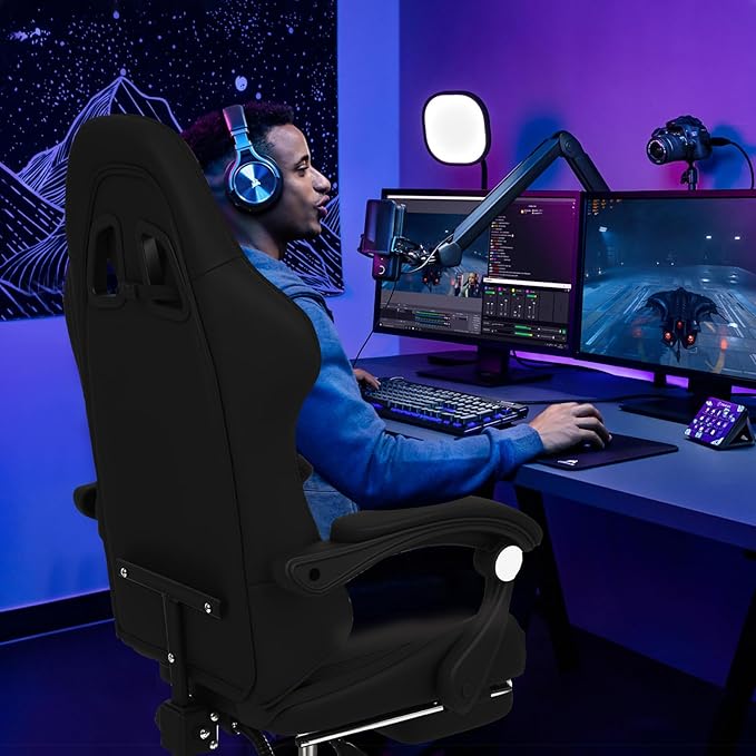 BorealBear Gaming Chair Office Chair Reclining High-Back PU Leather Computer Desk Chair with Headrest and Lumbar Support Suitable for Gaming Chairs Office Storage Office Shelving and More（Black）
