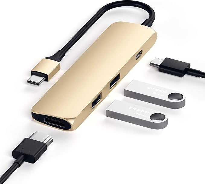 Satechi USB C Hub Multiport Adapter USB-C Docking Station with 4K HDMI 60W USBC PD Charging 2 USB-A for MacBook Air/Pro M5/M4 Dell HP Surface Lenovo - Gold Slim Classic