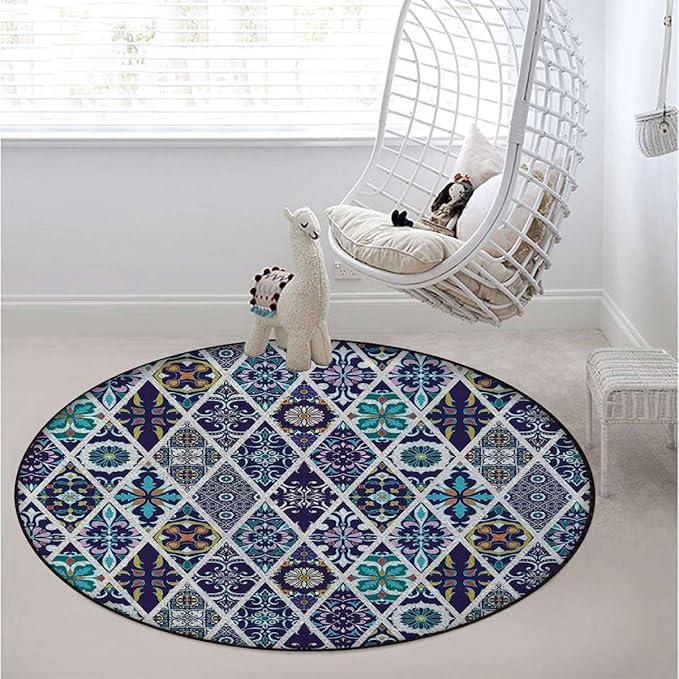 Multi Washable Round Area Rug -Non-Slip Distressed Circle Rug Non-Shedding Entryway Carpet for Bedroom Laundry Kitchen Decor Geometric Diagonal Pieced Mosaic Tile Diameter 59 in