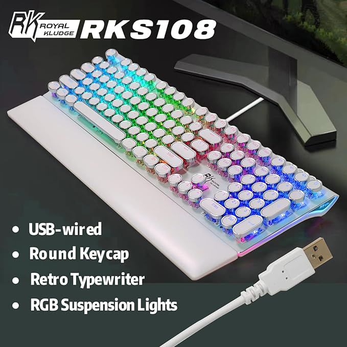 RK ROYAL KLUDGE S108 Typewriter Mechanical Keyboard Full RGB Gaming Keyboard Wired PC Game Keyboards with Detachable Wrist Rest and Number Pad Retro Round Keycaps Brown Switch White
