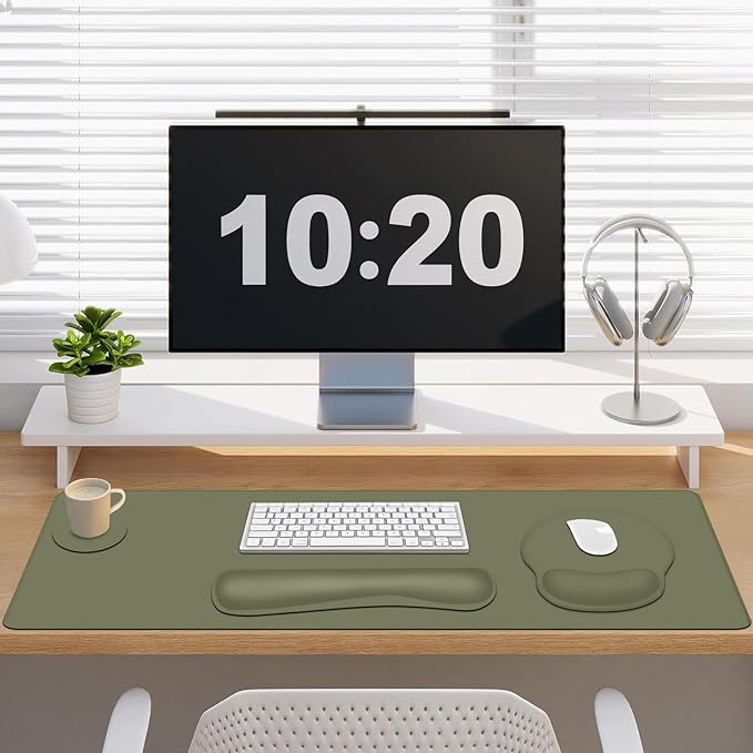 4 PCS Mouse Pad Desk Mat Protector Keyboard Wrist Rest + Comfortable Mouse Pad Wrist Rest +Coaster Large Gaming Mousepad for Computer Laptop 35.4X 15.7 Deskpad for Office Home I Olive Green