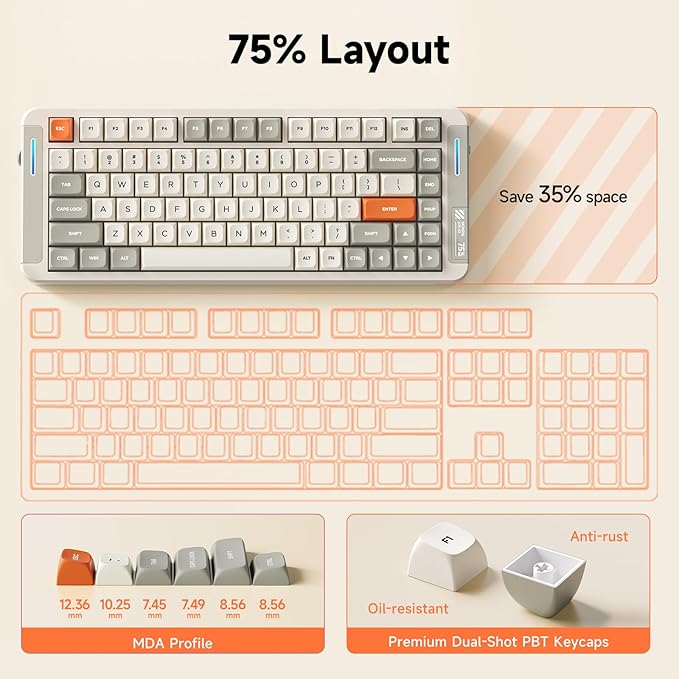 MCHOSE X75 V2 Wireless Mechanical Keyboard Volume Knob Tri-mode BT5.0/2.4GHz/USB-C Hot Swappable Custom Keyboards Linear Switch Creamy keyboardsRGB Gaming Keyboard for PC/Tablet/PS/XboxRetro White