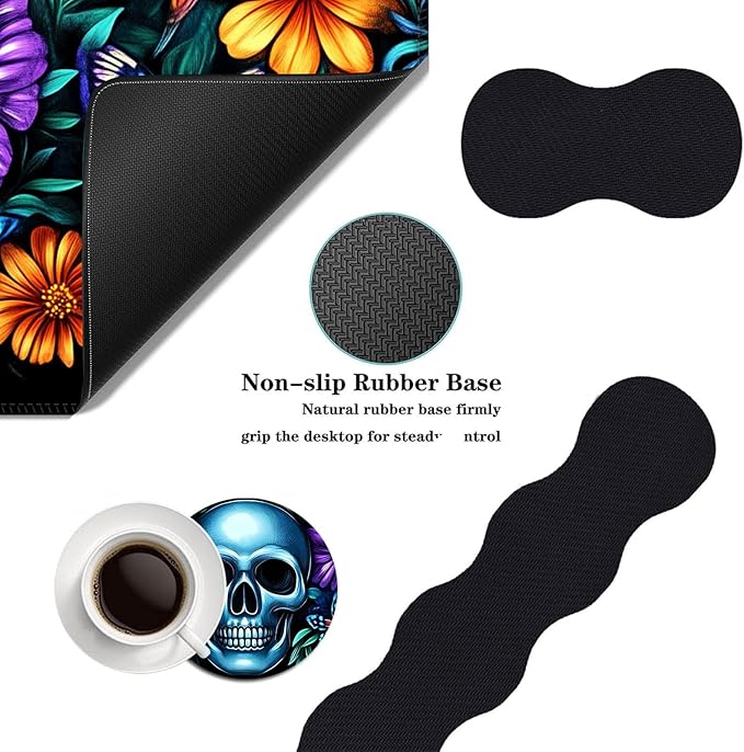 Mouse PadLarge Desk Mat Set 4in1 XL Mousepad + Keyboard Wrist Rest+Mouse Wrist Rest+Coaster with Ergonomic Desk Pad for Home Office Table Computer Cover -Skull with Flowers and Butterflies
