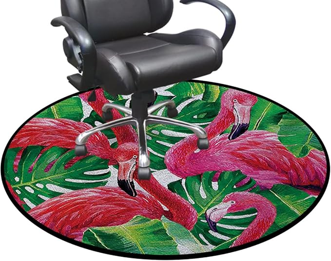 Pink Green Floor Protector Office Chair Mat Gaming Chair Mat Tropic Exotic Leaves Graphic in Retro Style Round Area Rug Swivel Chair Mats for Hardwood Floor Flamingo Diameter 60 in