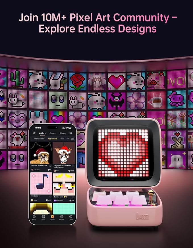 Divoom Ditoo Retro Pixel Art Game Bluetooth Speaker with 16X16 LED App Controlled Front Screen (Pink)