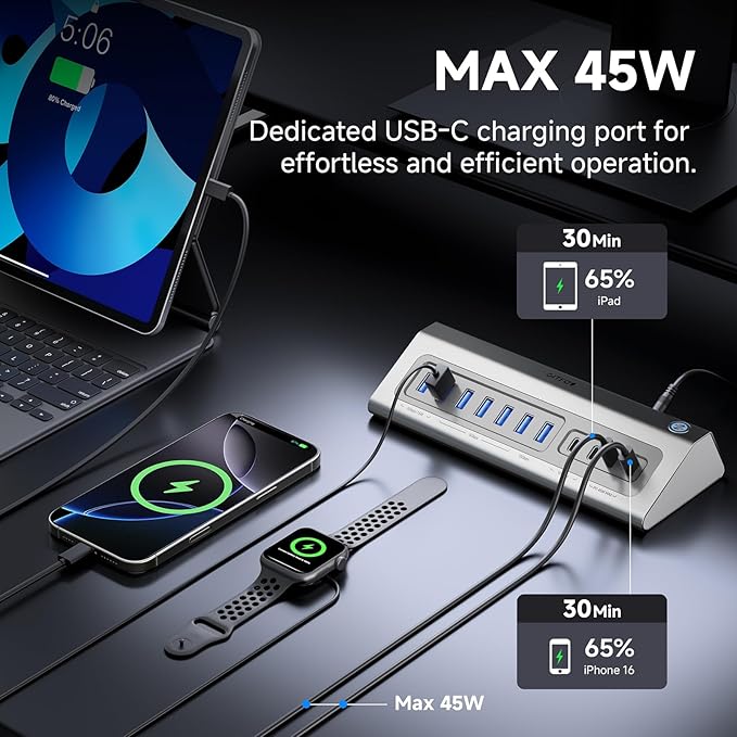 Gitfos Powered USB Hub18 in 1 USB C Hub with 4K HDMIPD 100W45W Charging10Gbps DataSD/TFAudio65W Power Adapter &amp 3.3FT CableAluminumSmart Button USB Hub for LaptopMacBookiPhone 17/16iP