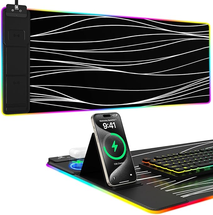 Mouse Pad with Foldable Phone Holder Wireless Charging Desk Mat RGB Gaming Mousepad Large Desk Pad with Non-Slip Base Waterproof Keyboard Pad Classic Black (XXL Stand Wavy)