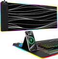 Mouse Pad with Foldable Phone Holder Wireless Charging Desk Mat RGB Gaming Mousepad Large Desk Pad with Non-Slip Base Waterproof Keyboard Pad Classic Black (XXL Stand Wavy)