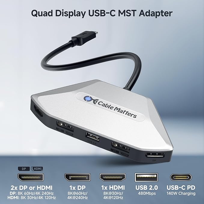 Cable Matters 4K Quad Display USB C MST Adapter with Dual-Function HDMI 2.1/DisplayPort 2.1 Ports Windows Only Up to [4X 4K@60Hz 140W Charging] USB C Hub for 4 Monitors Thunderbolt 4/5 Compatible