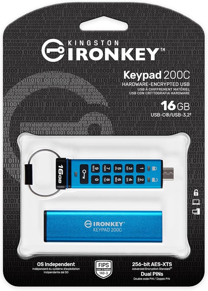 Kingston Ironkey Keypad 200 USB-C 16GB Encrypted Flash Drive | OS Independent | FIPS 140-3 Level 3 | XTS-AES 256-bit | BadUSB and Brute Force Protection | Multi-Pin Option | IKKP200C/16GB