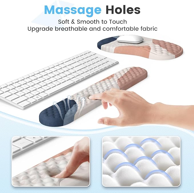 HAOCOO Ergonomic Mouse Pad with Wrist Rest and Keyboard Wrist Rest Set 3 PCS Computer Carpal Tunnel Mouse Pads for Desk with Coaster Memory Foam Mousepad Support for Office Women Boho Navy Pink