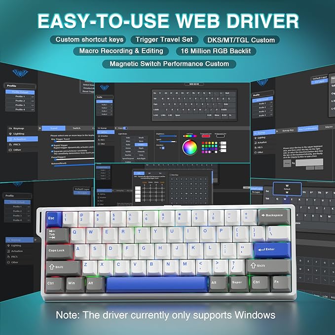AULA WIN60 HE MAX - 60% Mechanical Gaming Keyboard Wired Hall Effect Magnetic Switches Hot Swappable Adjustable Actuation Rapid Trigger Mode 8000 Hz Polling Rate 60 Percent Keyboard Compact Design