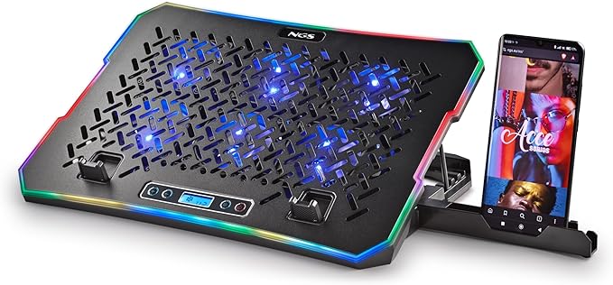NGS Hero Stand Laptop Cooling Dock 6 Quiet Fans LCD Display RGB Height Adjustable 2 USB Ports Smartphone Holder Non-Slip 2400 RPM
