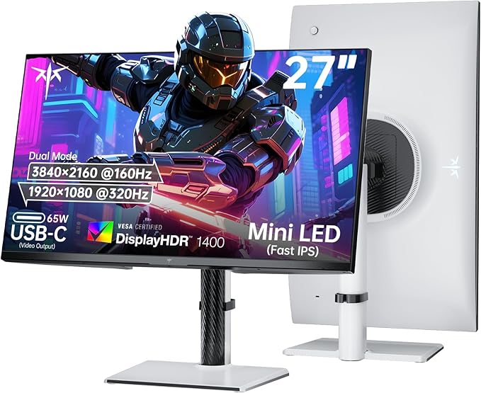 KTC 27 Inch Dual Mode Mini LED Monitor - 4K UHD at 160Hz &amp 1080P FHD 320Hz Gaming Monitor 65W Type-C Port HDR1400 Fast IPS Panel Adaptive-Sync HDMI 2.1 &amp DP 1.4 Height Adjustment VESA(Re