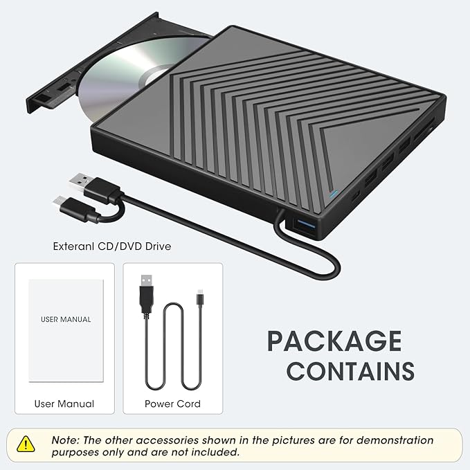 ROOFULL External CD DVD Drive CD Burner DVD Player USB 3.0 with 4 USB Port Hub and 2 SD/TF Card Reader USB-C CD/DVD-ROM +/-RW Disk Drive Adapter Writer for Laptop PC Mac Windows 11/10/8/7 Linux OS