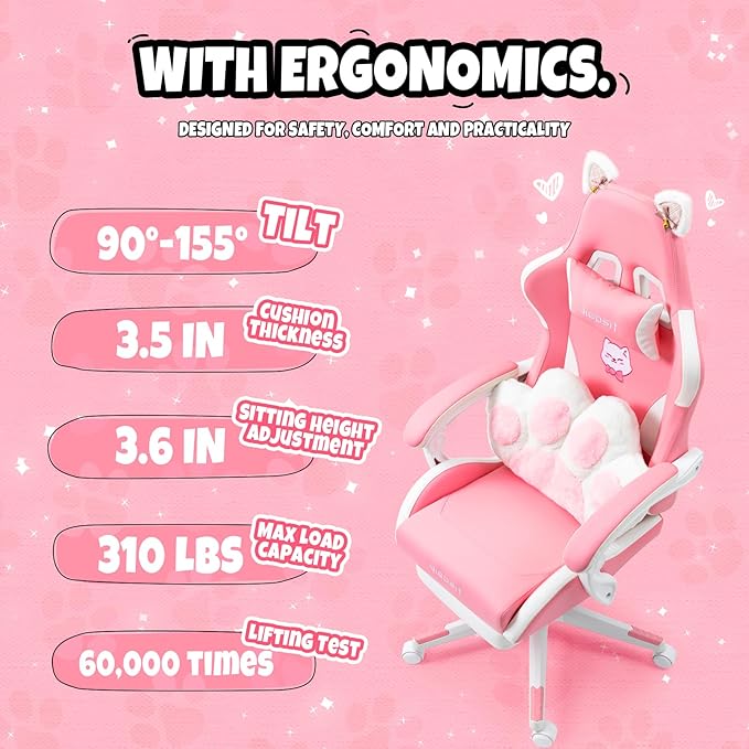 Gaming Chair Cute with Cat Ears Paw Lumbar and CushionErgonomic Computer Chair with FootrestReclining PC Game Chair for Girl Computer Chair 300lbs for Adult (White&ampPink)