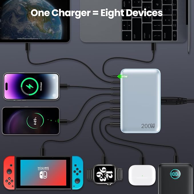 USB C Charger 200W USB C Charger BlockUpgraded GaN III 8-Port Fast Charging Station HubPD 65W Laptop Charging Adapter Compatible with MacBook Pro/AirDELLSteam DeckiPhone 16/15/14Galaxy S23/22