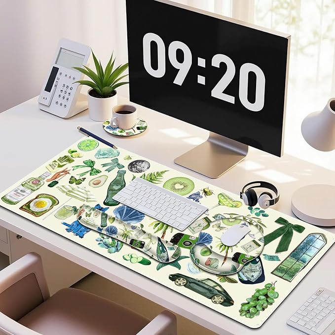 Mouse Pad 4 in1 Large Desk Mat Desk Pad Matt for Desktop Anti-Slip XXL Big Computer Ergonomic Mousepad with Wrist Support for Keyboard and Mouse for Women I Green Theme Stickers