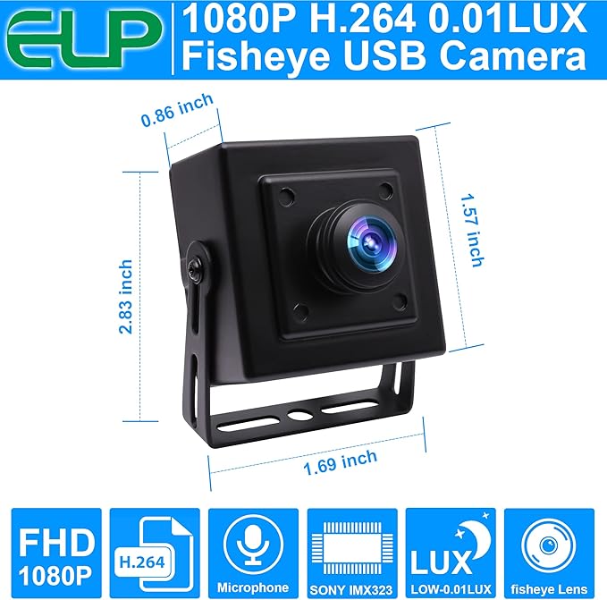 ELP Sony IMX323 Sensor Mini Wide Angle USB Camera with 180degree Fisheye Lens HD 1080P 0.01Lux Low Light PC Camera UVC H.264 USB2.0 Embedded Webcam for Computer LaptopRaspberry Pi