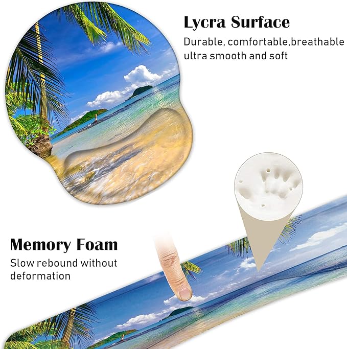 Keyboard Wrist Rest and Mouse Pad Wrist Support Set with Coasters Non-Slip PU Base Ergonomic Gaming Mousepad for Home Office Working Studying Easy Typing &amp Pain Relief Shore Palms Tropical Beach