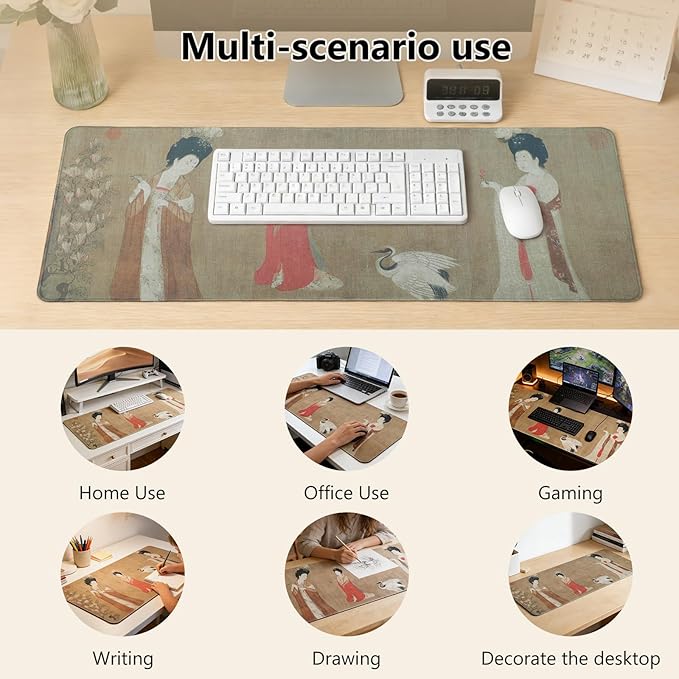Chinese Style Famous Art Mouse Pad 31.5x12 Inches Non-Slip Rubber Base Waterproof Desk Mat for Office &amp Gaming (Extended XX-Large Adorning Hairpin Ladies (Chinese Ancient Painting))