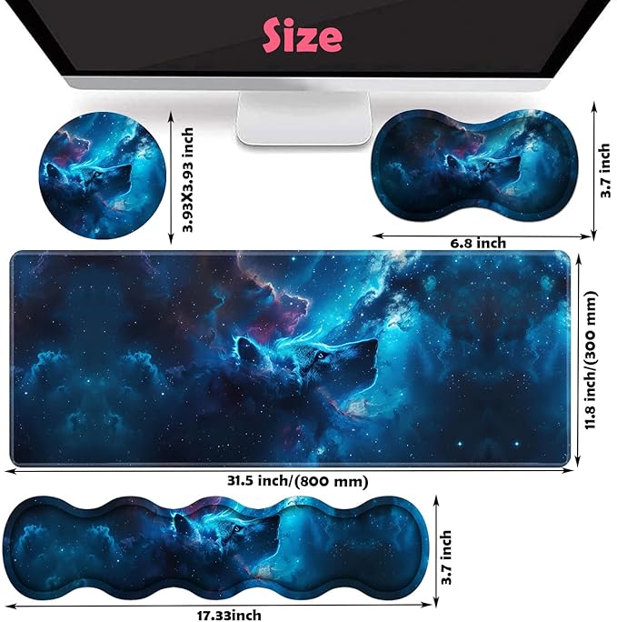 Large XXL Gaming Desk Mat 31.5x 11.8 Ergonomic Keyboard Wrist Rest &amp Mouse Pad Wrist Rest + Coaster Set Non-Slip Base Memory Foam Office and Home Nebular Wolf