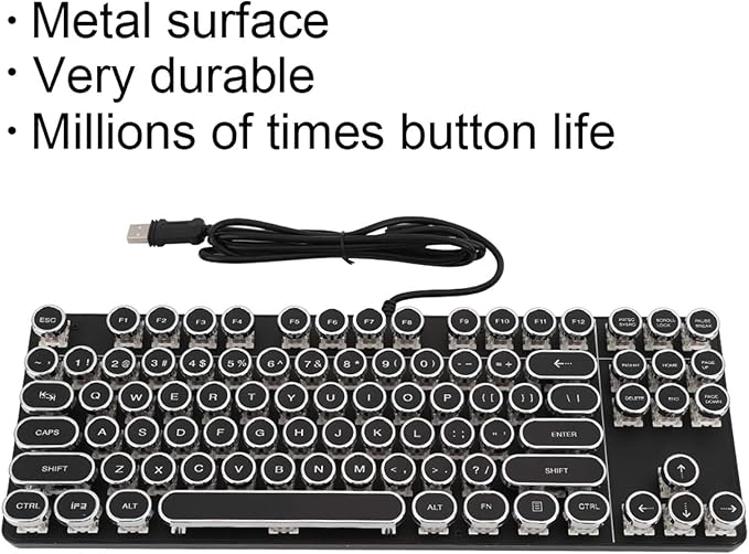 Mechanical Gaming Keyboard Retro Punk Typewriter Style USB Wired Computer Keyboard with RGB Backlit and Round Keycaps Plug and Play Black Ergonomic PC Keyboard for Laptop