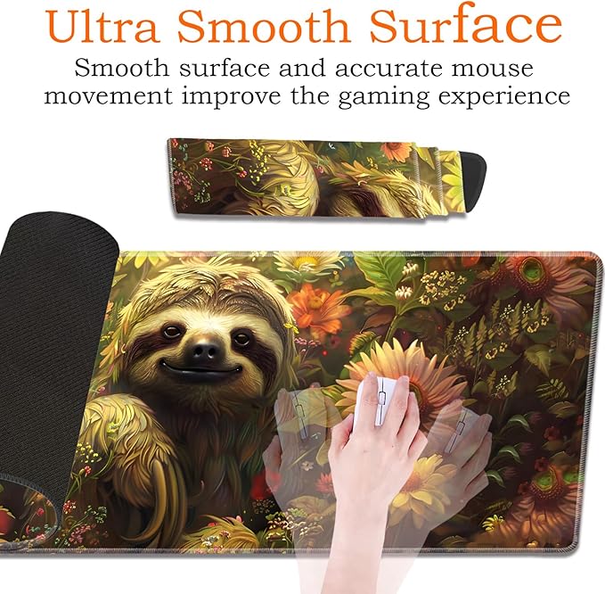 Large Gaming Mouse Pad Keyboard Wrist Rest Pad + Mouse Wrist Pad + Coaster 4 in 1 Set Extended Waterproof Non-Slip Desk Mat Suitable for Office Home Learning Games Flower Sloth