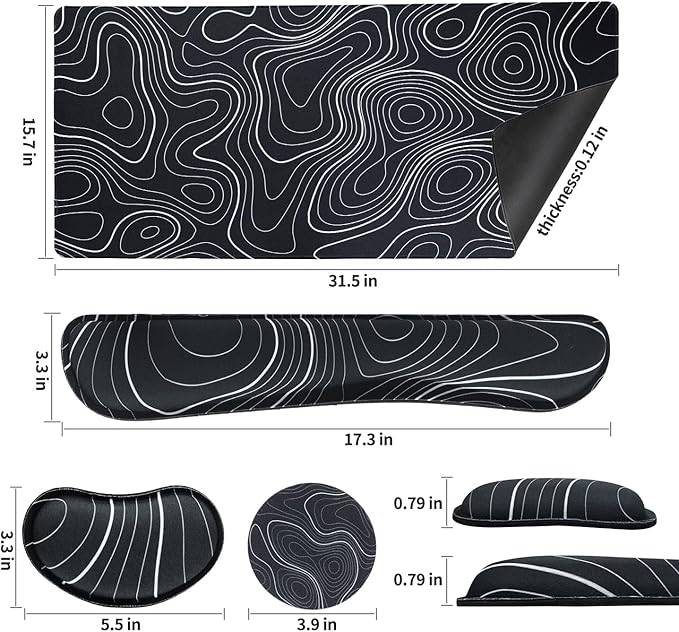 Bloss Large Gaming Mouse Pad XL Desk Mat 4-in-1 Mouse Pad with Wrist Rest Large Desk Pad Keyboard Pad for Office/Home-Black and White Topography (31.5 x 15.7 x 0.12 Inches)