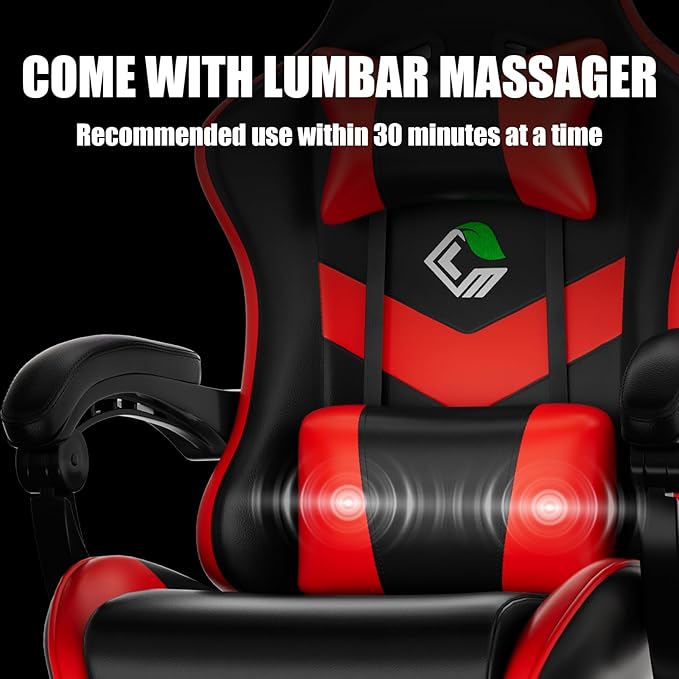 Gaming Chair with Footrest Racing Style Lumbar Support Massager Video Game Chair with Metal Legs High Back Gamer Chair with Headrest 360° Swivel Office Computer Desk Chair Bright Red