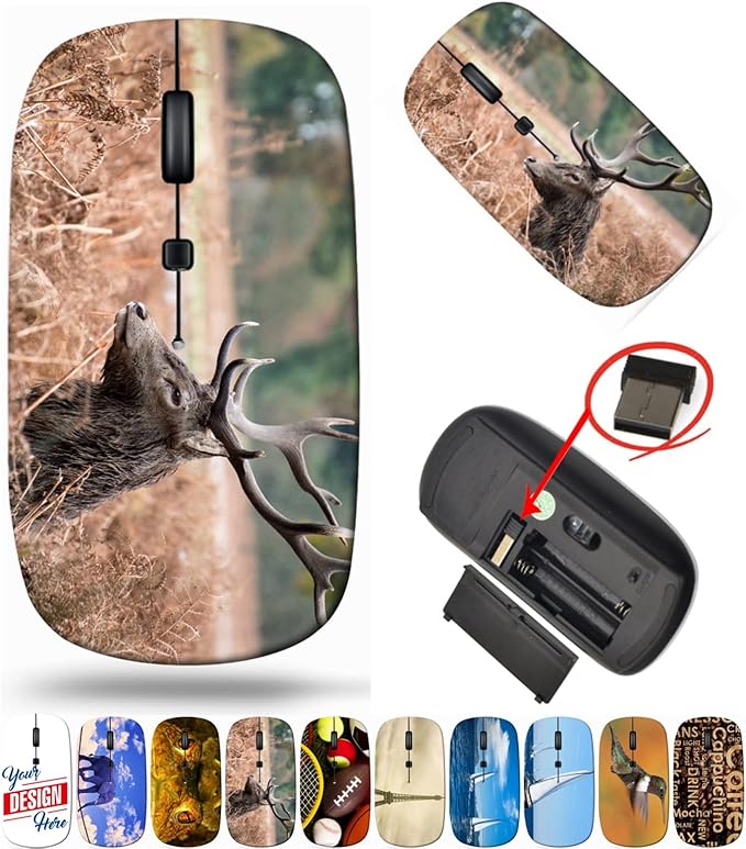 maizi Wireless Mouse Battery Powered for Computer Chromebook Notebook Wireless Mice Battery Powered Image ID: 24548646 Red Deer stag During Travel Mouse 2.4G USB Receiver Printed in USA