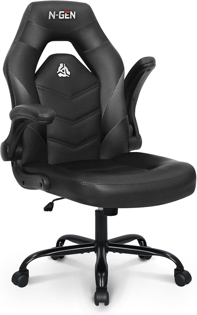 N-GEN Video Gaming Computer Chair Ergonomic Desk Office Chair for Adults with Lumbar Support Flip-Up Arms Adjustable Height Swivel Wheels PU Leather Executive Design for Home and Office (Jet Black)