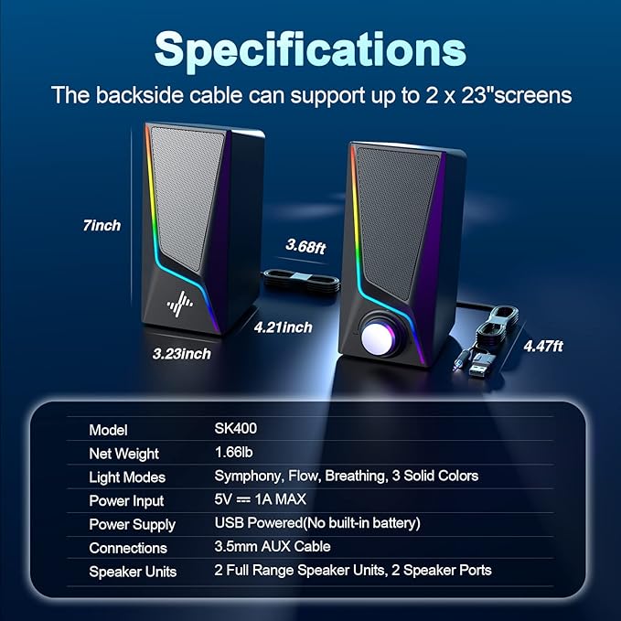Nylavee Computer Speakers PC Speakers with 6 Lighting Modes USB Powered Computer Speakers for Desktop PC with 2 Bass-Boost Ports 2 Speaker Units and 3.5mm Aux-in for PC Laptop Monitor Gaming