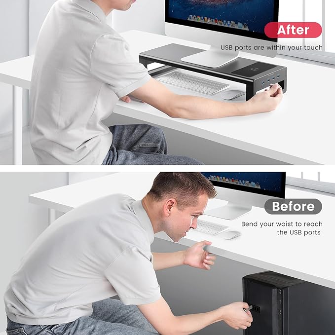 Vaydeer Wireless Charging and USB 3.0 Monitor Stand Monitor Riser for Desk with Storage Single Shelf Holder Raiser Organizer for Computer iMac Laptop PC Screen Heavy Duty Gift Gaming Studio Office
