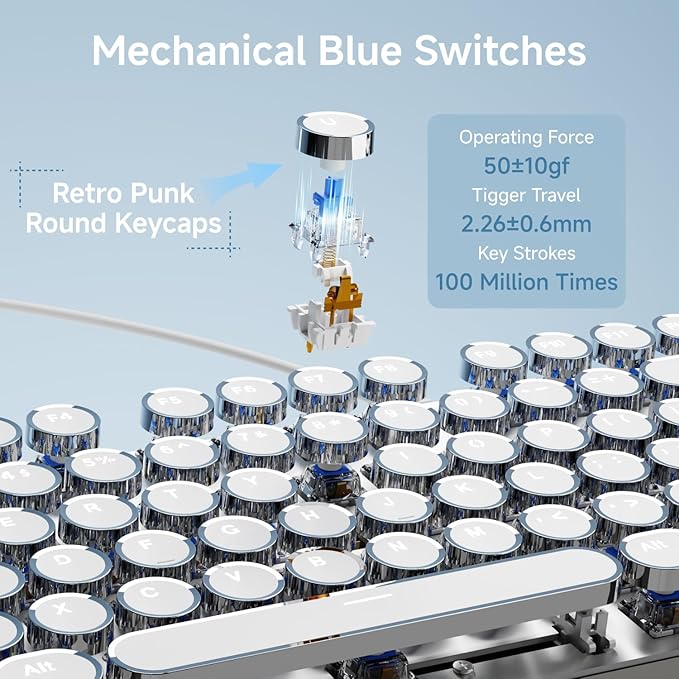 EWEADN TK100 Wired Typewriter Mechanical Keyboard and Mouse 104 Keys Aesthetic Typewriter Keyboard Mouse Combo with White Backlit Anti-Ghosting Black Switch Cute Keyboards-White