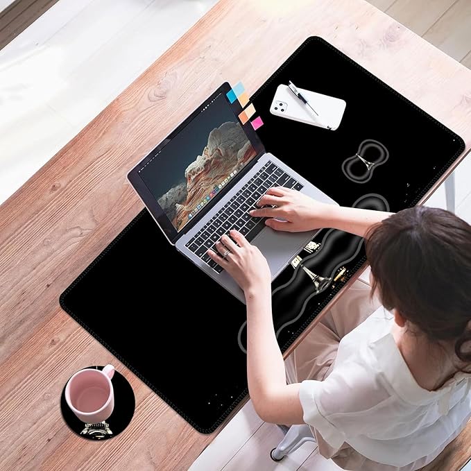 Mouse PadLarge Desk Mat Set 4in1 XL Mousepad + Keyboard Wrist Rest+Mouse Wrist Rest+Coaster with Ergonomic Desk Pad for Home Office Table Computer Cover -Eiffel Tower at Night