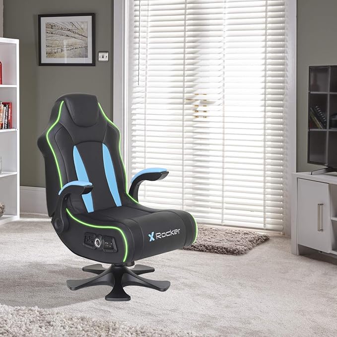 X Rocker CXR3 2.1 Dual Audio LED Gaming Chair with Flip-Up Arms Integrated 2.1 Audio System Bluetooth Wireless 5134201 32.1 x 24.8 x 40.55 Black and Teal