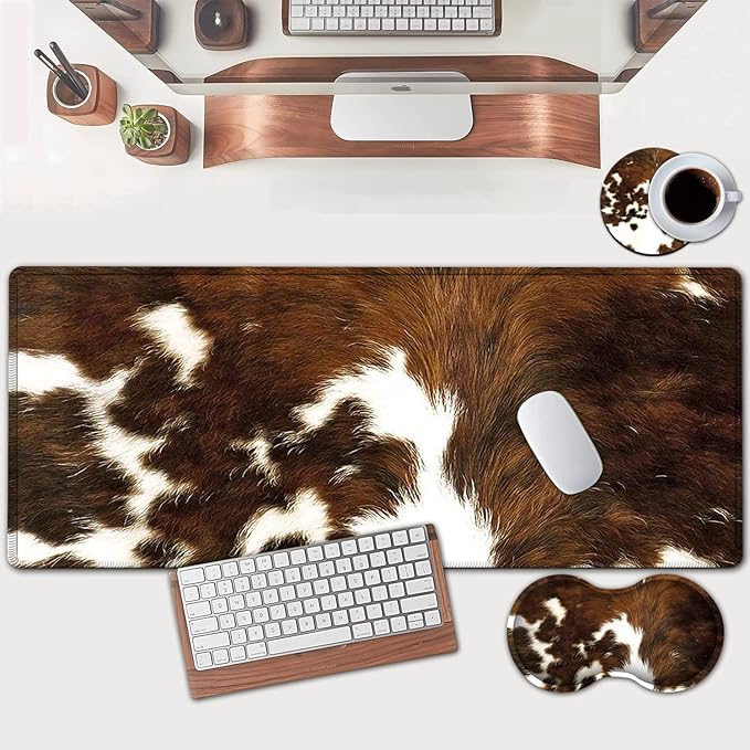 Large Mouse Pad Extended Office Desk Pad 31.5x11.8in Ergonomic Memory Foam Mouse Wrist Rest Support for Home Office Computer Writing Pad Cute Faux Brown Cowhide Fur Pattern XXL Gaming Mouse Mat
