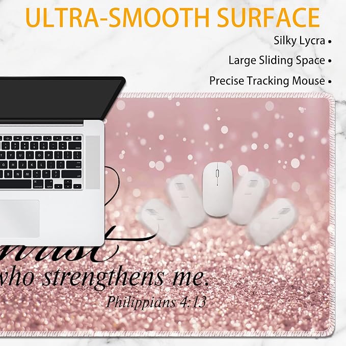 Large Mouse Pad Set Desktop Mouse Pad + Keyboard Wrist Pad + Mouse Wrist Pad + Coaster Ergonomic Memory Foam Multi-Functional Desk Mat - Bible Verse Pink Glitter Phil 4-13