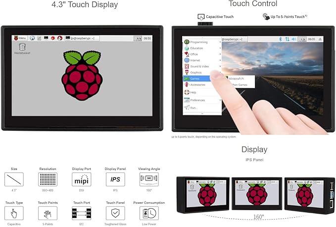 waveshare 4.3inch DSI LCD Capacitive Touch Display with Protection Case for Raspberry Pi 4 B800×480 Resolution IPS Screen Wide AngleMIPI DSI Interface