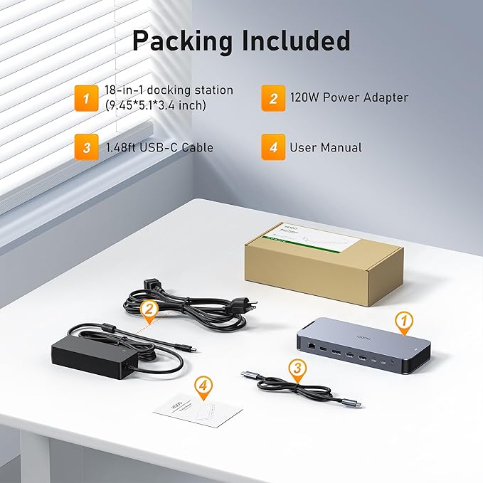 Laptop Docking Station with 120W Power Adapter18 in 1 USB C Docking Station Dual MonitorUSB C HUB with 2HDMI+DP10Gbps USB-A/C PortsEthernetSD/TF AudioScreen Off ButtonUSB C Dock for DellHP