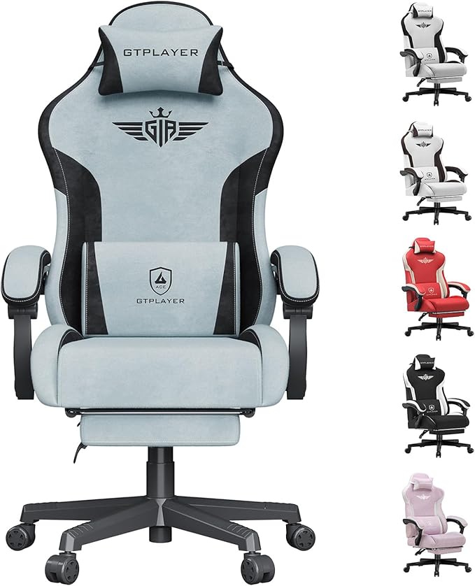 GTPLAYER Gaming Chair Computer Office Chair Lumbar Support Linkage Armrests and Footrest Ergonomic Game Chair for Adults with Extended Backrest Velvet Fabric Light Blue