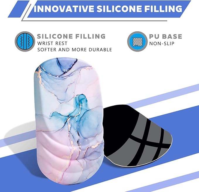 Ergonomic Mouse Pad with Wrist Rest Milk Silk Fabric Durable Silicone Filling Non-Slip Pu Base Massage Design Pain Relief Mousepad for Wireless Mouse and Desk 12x8inch Pink Marble
