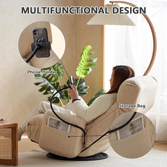 360° Swivel Gaming Floor Chair Adjustable 3-Position Folding Sofa Chair with Armrests &amp Phone Holder Cushioned Indoor Chaise Lounge Rocker for Teens &amp Adults (Beige)